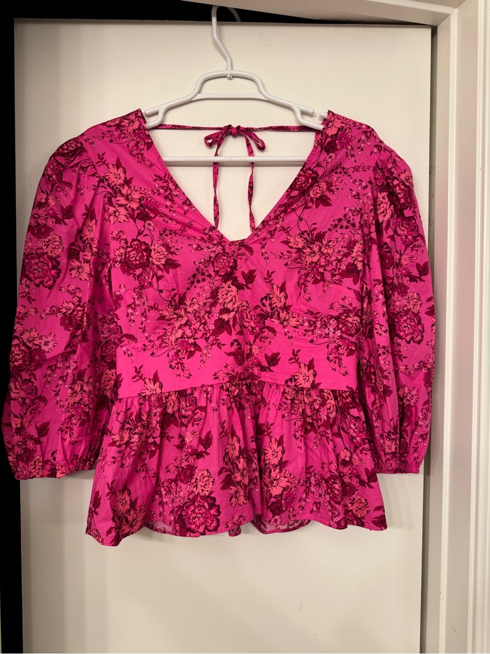 INC International Concepts Hot Pink Floral Peplum V-Neck Blouse